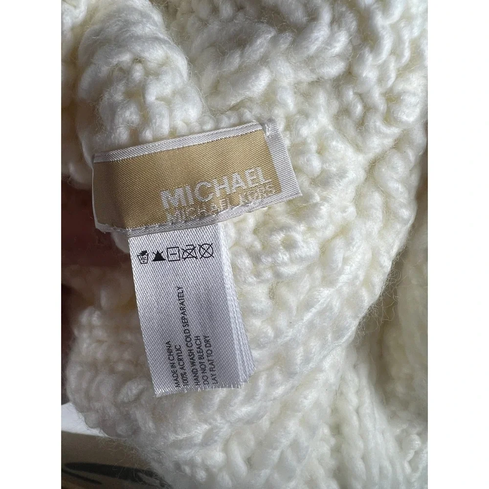 Michael Kors Cream Cable Knit Beanie Gold MK Logo Medallion Winter Hat White